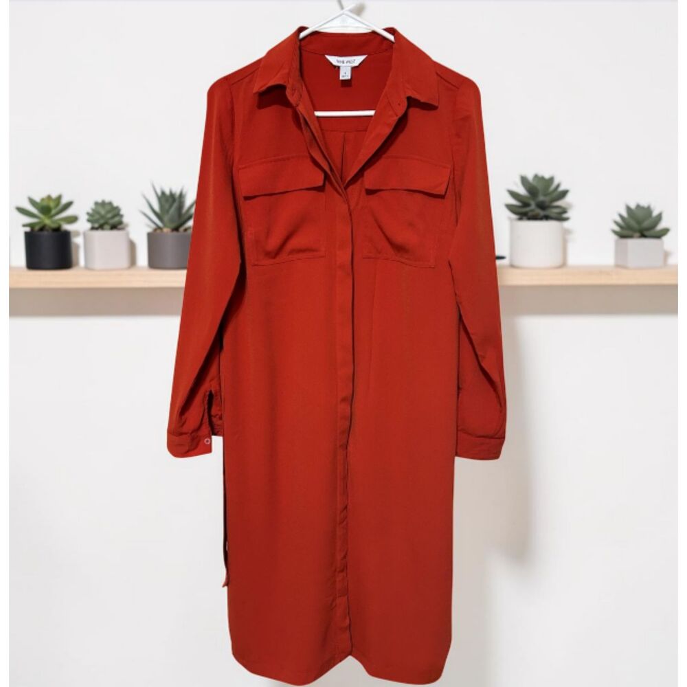 Nine West Rust Shirt Dress Small Belted Midi Dress Button Front Workwear Chic